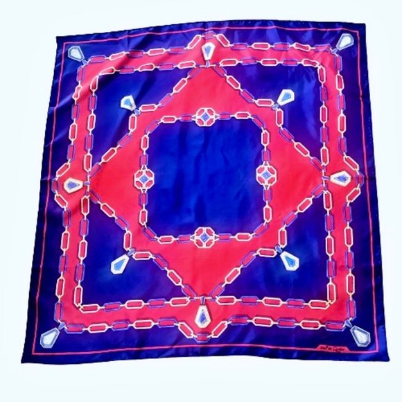 CARTIER Must de France Silk Scarf Vintage Navy Blue & Red Gold Chain Jewel Logo
